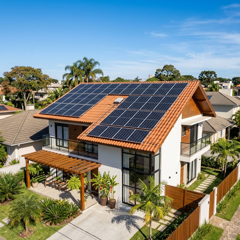 Painéis solares em telhado residencial no Brasil